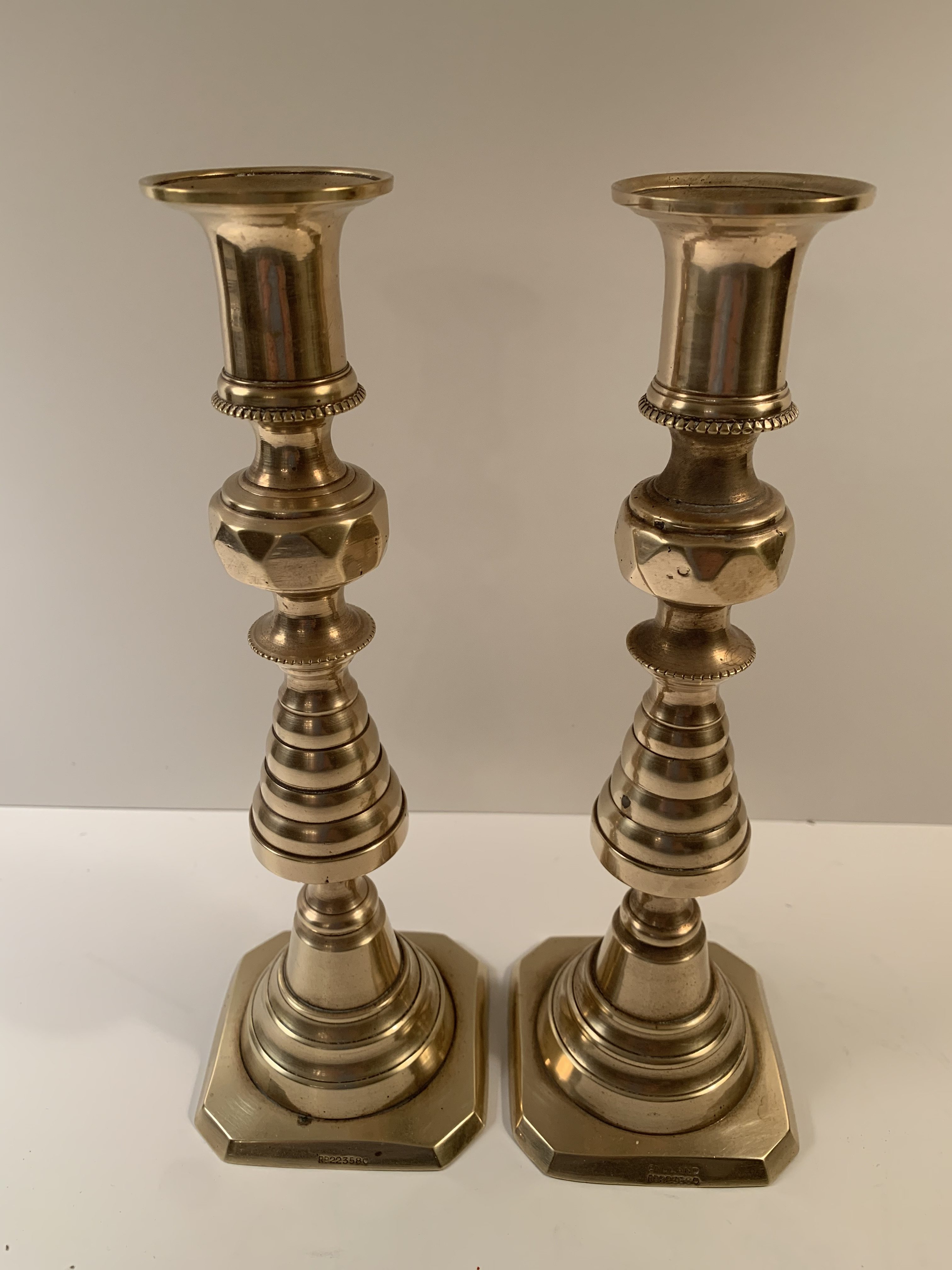 Pair Antique English Brass Beehive Candlesticks C.1895